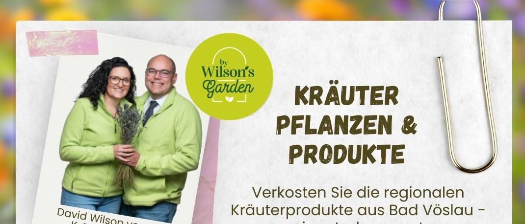 Plakat für Wilson's Garden-Veranstaltung am 19. Juni 2026 mit regionalen Kräuterprodukten aus Bad Vöslau, Österreich. Geöffnet von 9-13 Uhr bei Floristik modern, Pergerstrase 11a, 2500 Baden.