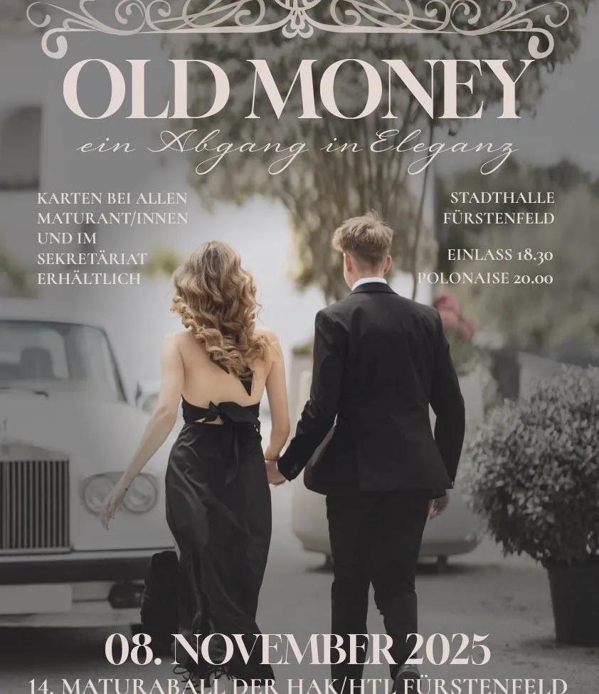 Ein Veranstaltungsplakat für 'Old Money' zeigt ein Paar in eleganter Kleidung, das sich an den Händen hält und neben einem klassischen Auto steht, umgeben von stilvoller Dekoration. Das Datum ist der 8. November 2025.