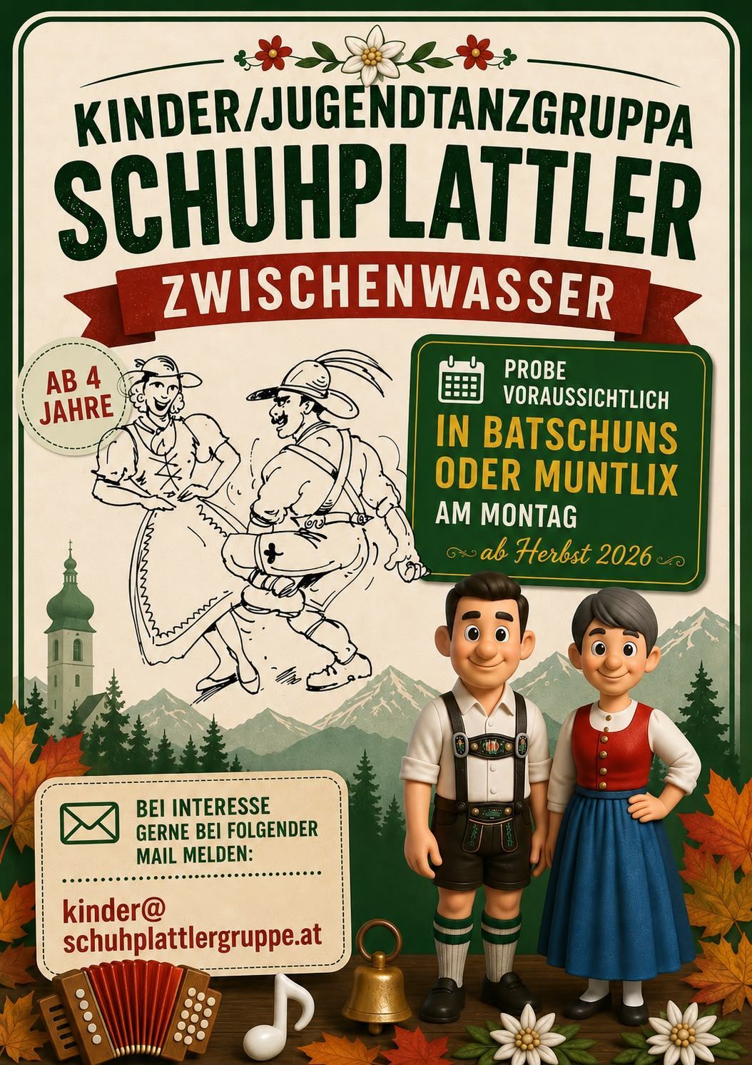 Poster for Schupplattler Zwischenwasser event, featuring cartoon characters in traditional attire, mountains, and a church in the background, with text in German.