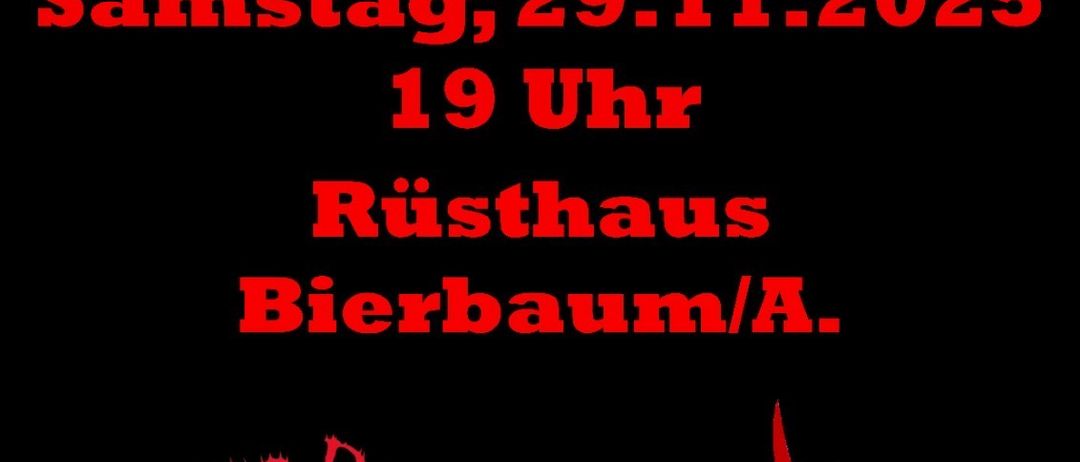Werbeplakat für 'Perchten Lauf' im Rusthaus Bierbaum/A. am Samstag, 29. November 2025, um 19 Uhr. Mit rotem Teufelslogo.