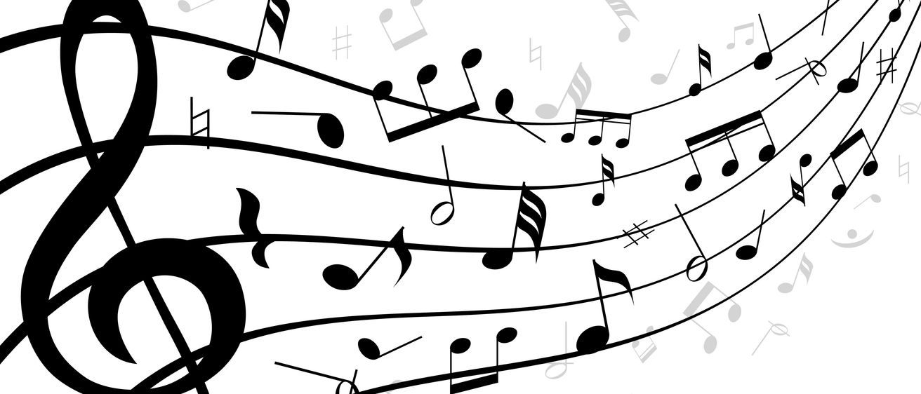 Auf einem weißen Hintergrund ist eine fließende Sammlung von Musiknoten und Symbolen zu sehen. Die Noten variieren in Größe und Form und umfassen Notenschlüssel, Kreuze, Bässe und mehr. Sie sind in einem anmutigen, geschwungenen Muster angeordnet.