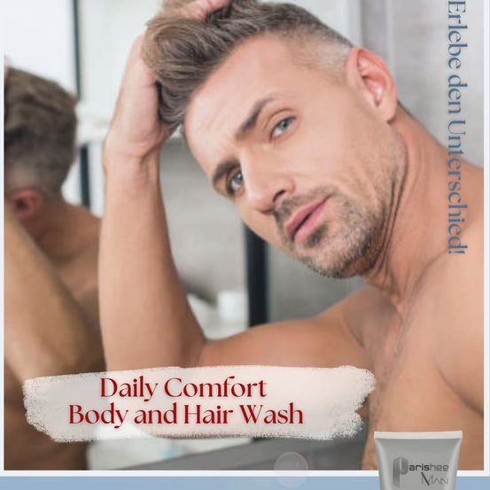 Ein Mann steht vor einem Spiegel, sieht sich selbst an und hält sein Haar. Er ist nackt bis zur Brust. Der Text lautet 'Daily Comfort Body and Hair Wash.' Eine Tube Körperwäsche ist sichtbar.