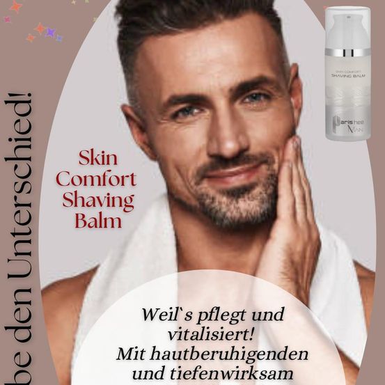 Mann mit Bart, der lächelt und sein Gesicht berührt, wirbt für einen Hautpflege-Rasierbalsam für Männer. Der Text lautet 'Hautpflege-Rasierbalsam' und 'Pfleg und vitalisiert!' auf Deutsch.