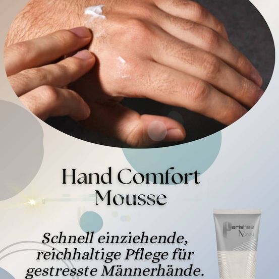Eine Hand trägt eine weiße Handcreme auf. Die Creme hat einen Tube mit dem Label Parishee Man. Die Handcreme ist für gestresste Männerhände gedacht.