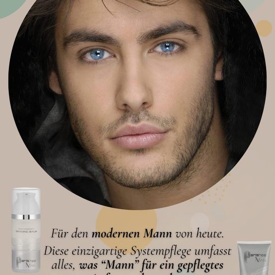 Ein Mann mit blauen Augen, einem Bart und einem Nahaufnahme seines Gesichts. Es gibt ein Produkt für Männer mit dem Wort 'Komfort' darauf.