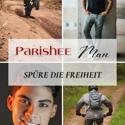 Eine Collage mit vier Bildern von Männern in verschiedenen Outdoor-Szenarien. Erstens, eine Person fährt ein Motorrad auf einem Schotterweg. Zweitens, ein Mann lehnt sich gegen eine Wand und trägt ein schwarzes Shirt und graue Hose. Drittens, ein lächelnder Mann mit einer Nahaufnahme. Viertens, ein Mann fährt ein Fahrrad auf einem Feldweg.
