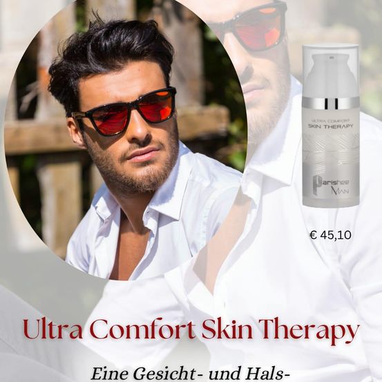 Ein Mann in einem weißen Hemd, mit Sonnenbrille und einer Produktflasche. Ultra Comfort Hauttherapie wird mit einem Preis von 45,10 Euro angezeigt.