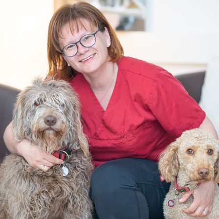 Bild enthält, Person, Photography, Portrait, Glasses, Adult, Female, Woman, Pants, Dog, Sitting