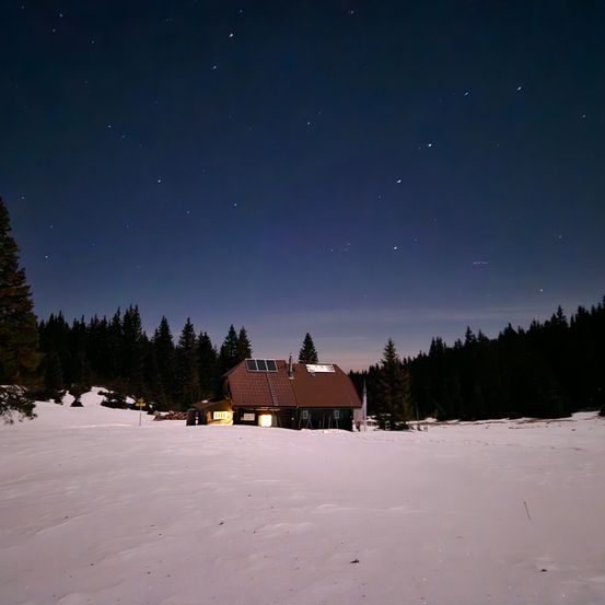 Ein Hütte mit Solarmodulen auf dem Dach, bei Nacht beleuchtet, ist von Schnee und Kiefern umgeben unter einem sternenklaren Himmel.