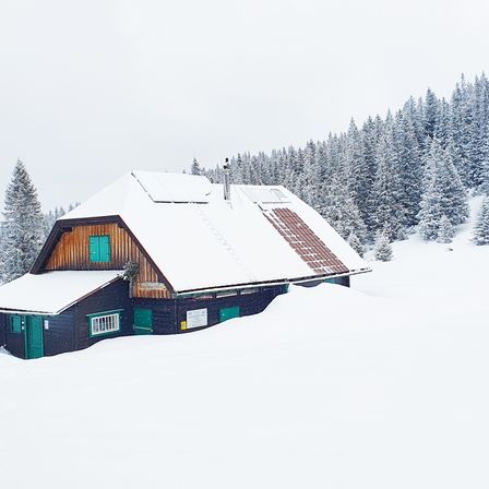 Ein mit Schnee bedecktes Holzchalet, ausgestattet mit Solarpaneelen auf dem Dach, steht in einer verschneiten Landschaft mit Tannen im Hintergrund.