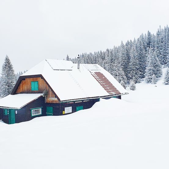 Ein mit Schnee bedecktes Holzchalet, ausgestattet mit Solarpaneelen auf dem Dach, steht in einer verschneiten Landschaft mit Tannen im Hintergrund.