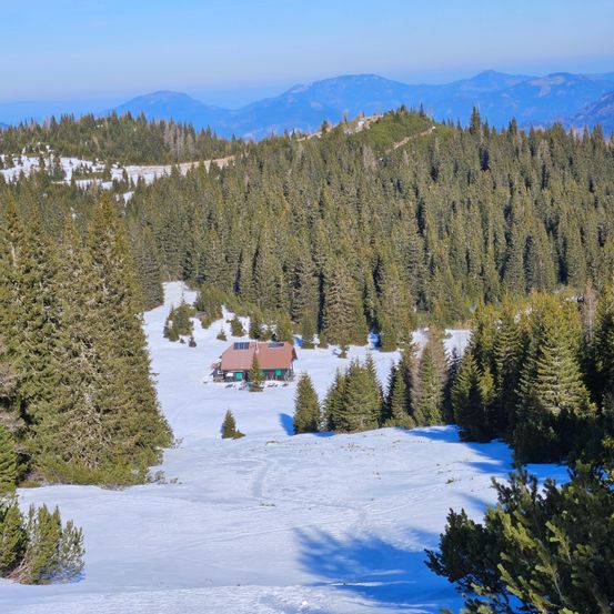 Eine verschneite Landschaft mit einem kleinen Haus, das in den Kiefernbäumen eingebettet ist. Berge sind im Hintergrund sichtbar.