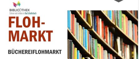 Poster for a book flea market event. It features a colorful bookshelf with books, games, DVDs, and audiobooks. The event is hosted by the Bibliotheek Erlesen und Erleben in Bad Schallerbach. It includes activities for children aged 4-7 and 7-12 on Saturday. The event date is Saturday, September 26th, from 2 PM to 8:30 PM.
