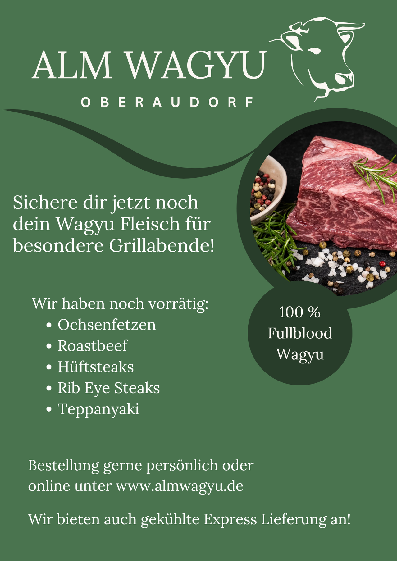 Eine Werbung für Oberaudorf mit einem Steak, Kräutern, Gewürzen und einer Schüssel mit Würzmischung. Es werden verschiedene Wagyu-Rinderstücke zum Kauf angeboten. Der Text ist auf Deutsch.
