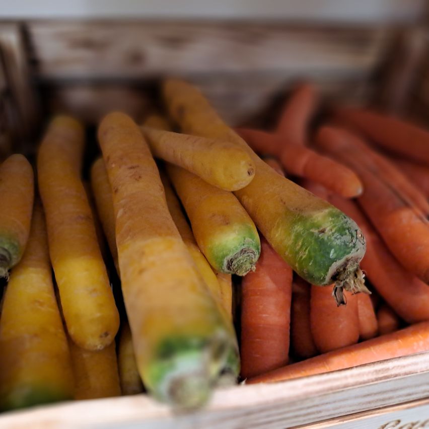 Ein hölzerner Kasten gefüllt mit Karotten, einige mit grünen Spitzen, ordentlich angeordnet mit einem unscharfen Hintergrund.