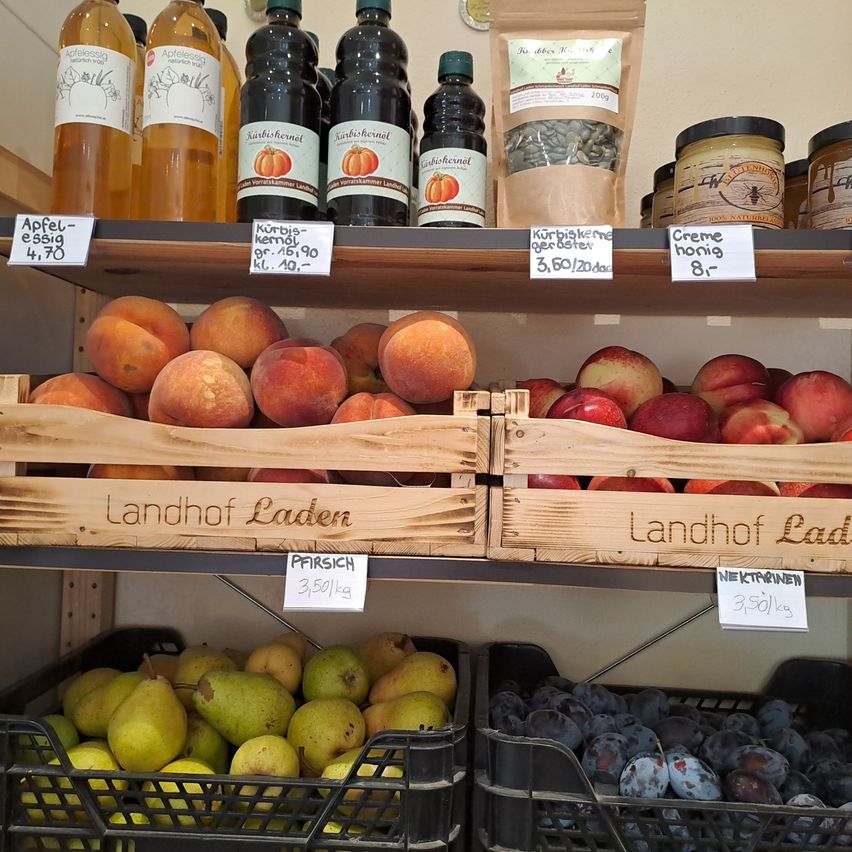 Ein Holzregal zeigt verschiedene Früchte und Produkte. Oben stehen Pfirsiche, Äpfel und Gläser mit Honig. Unten stehen Körbe mit Birnen und Pflaumen. Holzkisten sind mit 'Landhof Laden' beschriftet.