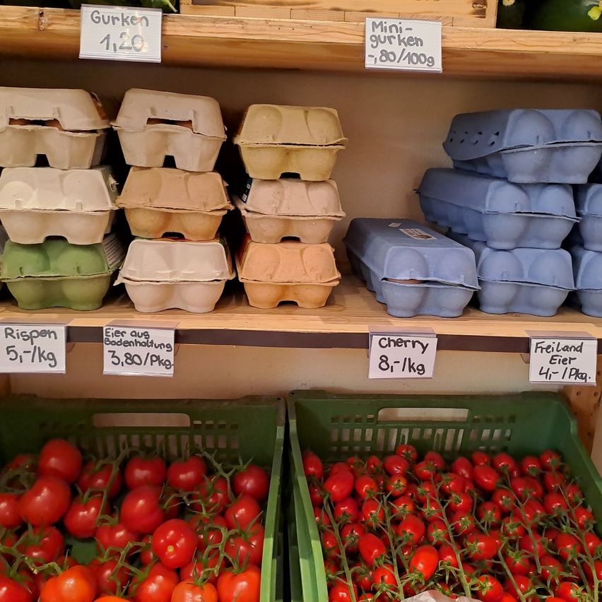Ein Holzregal zeigt verschiedene Eierkartons und zwei Tomatenkörbe. Die Eierkartons sind in verschiedenen Farben und Größen und die Tomaten sind in grünen Körben mit Preisschildern.