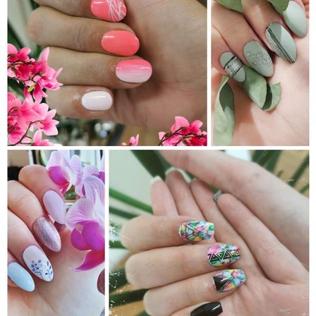 Eine Collage verschiedener Hände mit gepflegten Nägeln. Eine Hand hat rosa und weiße Gradientennägel, eine andere hat grüne und silberne Nägel und die dritte hat mehrfarbige abstrakte Designs.