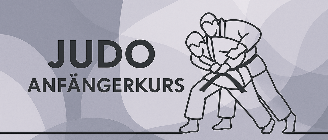 Eine Illustration von zwei Personen in Judo-Uniformen, die eine Grappling-Bewegung ausführen. Die Wörter 'JUDŌ' und 'FÄNGERKURS' sind prominent angezeigt.