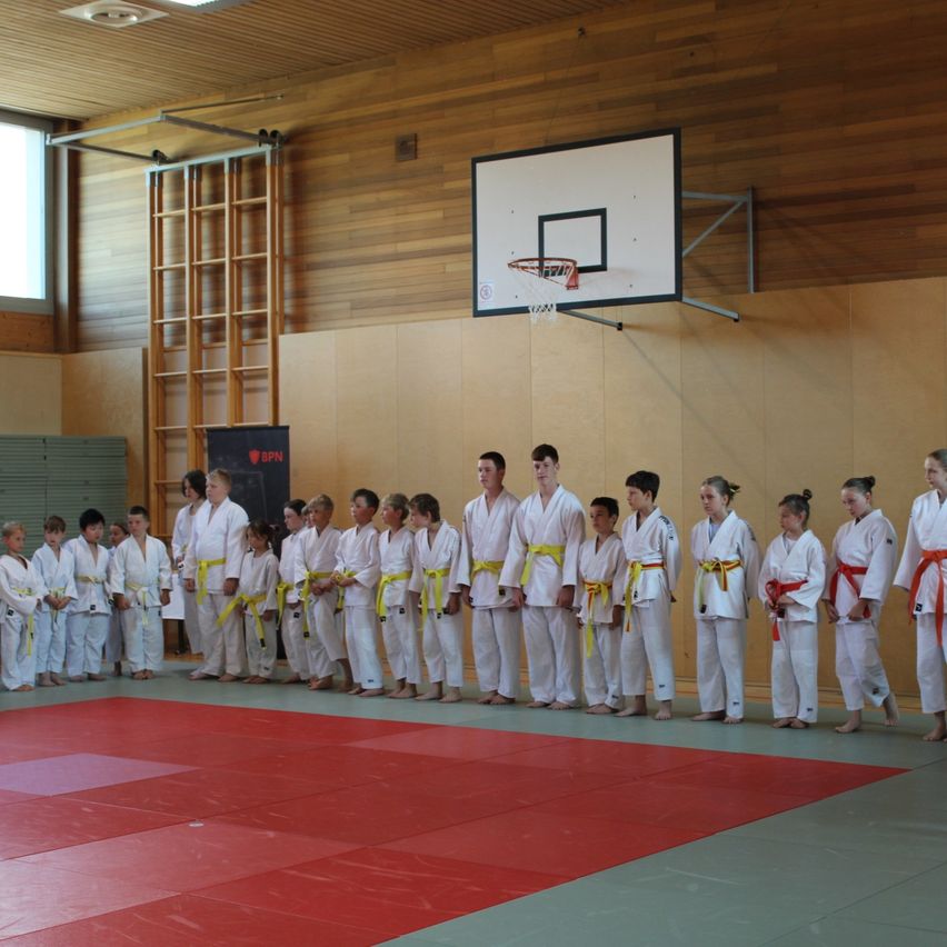 Eine Gruppe von Kindern in Karate-Uniformen steht in einer Reihe in einer Turnhalle, vor einem Basketballkorb an der Wand.