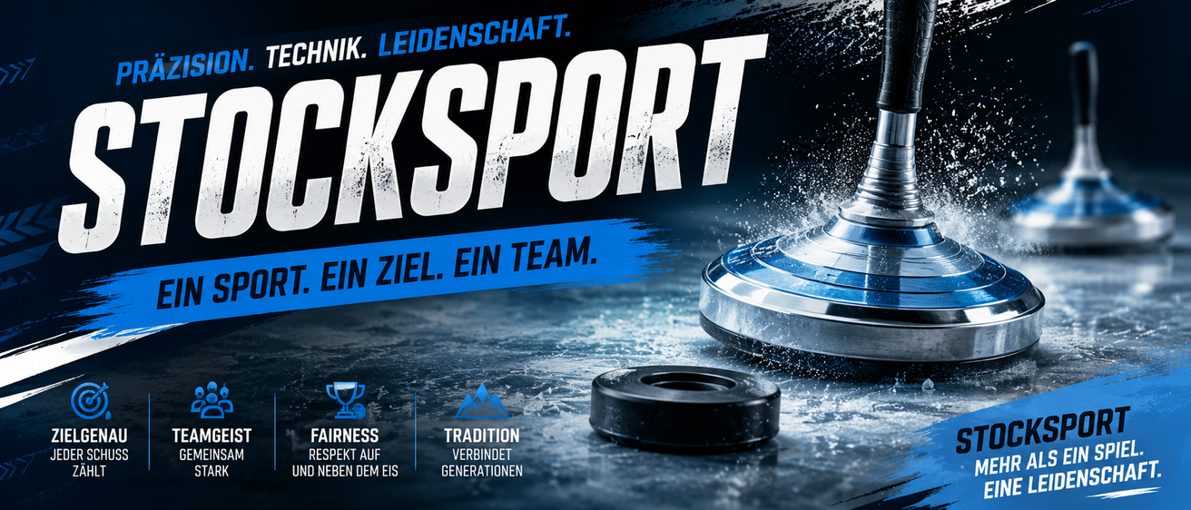 Eine Werbung für einen Sport, mit einem metallischen Curling-Stein und einem Pokal, mit dem Text 'Technik. Leidenschaft. Ein Ziel. Ein Team.' und 'Fairness, Tradition, Verbundet Generationen.' in einer fetten Schrift.