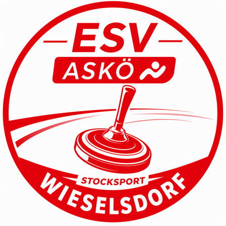 Das Logo für ESV ASKO Stocksport Wieselsdorf zeigt einen roten Kreis mit einem stilisierten Drehteller in der Mitte, umgeben von roten und weißen Linien. Der Text 'ESV ASKO' steht in Weiß über dem Drehteller und 'STOCKSPORT' steht in Weiß darunter.
