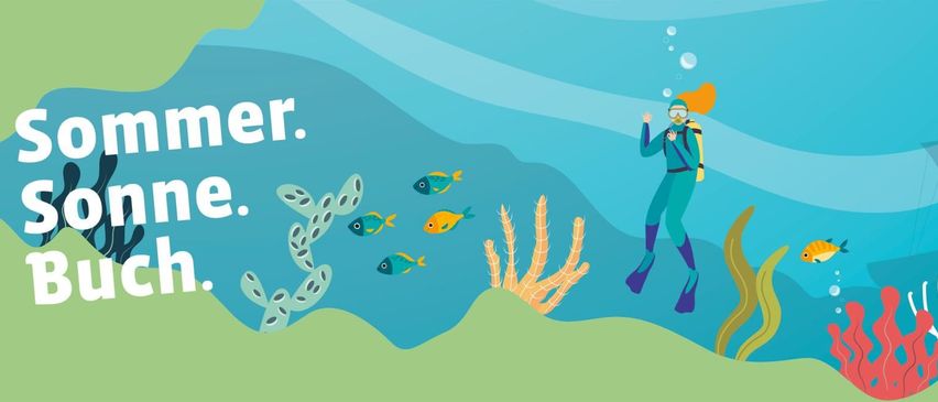 Eine Unterwasserszene mit einem Taucher und verschiedenen Fischen, die um Korallen und einen Kaktus schwimmen. Das Wasser hat Blasen.