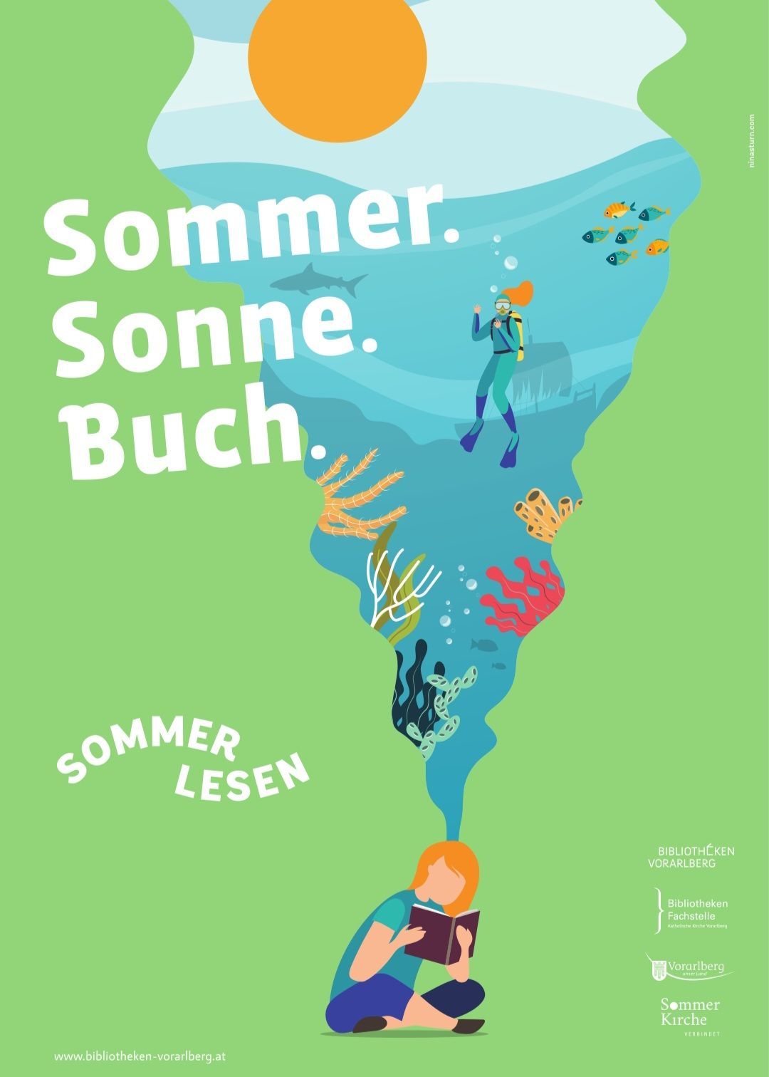 An illustration featuring a girl reading a book with the words 'Sommer, Sonne, Buch' above her. Below her, a diver explores underwater with coral reefs and fish. The image is set against a green background.