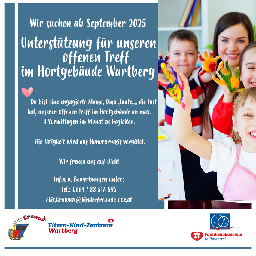 Plakat zur Unterstützung für ein offenes Treffen im Hortgebäude Wartberg. Interessierte Mütter, Omas und Tanten können sich für maximal 4 Tage pro Monat bewerben. Die Teilnahme erfolgt auf ehrenamtlicher Basis. Kontaktinformationen sind angegeben.