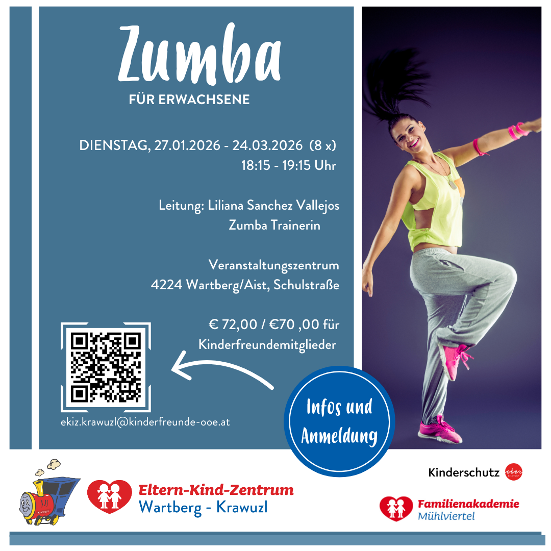 Zumba für Erwachsene, Dienstags vom 27.01.2026 bis 24.03.2026, 18:15-19:15, Leitung Liliana Sanchez Vallejos, 72€ oder 70€ für Freunde. QR-Code für Infos.