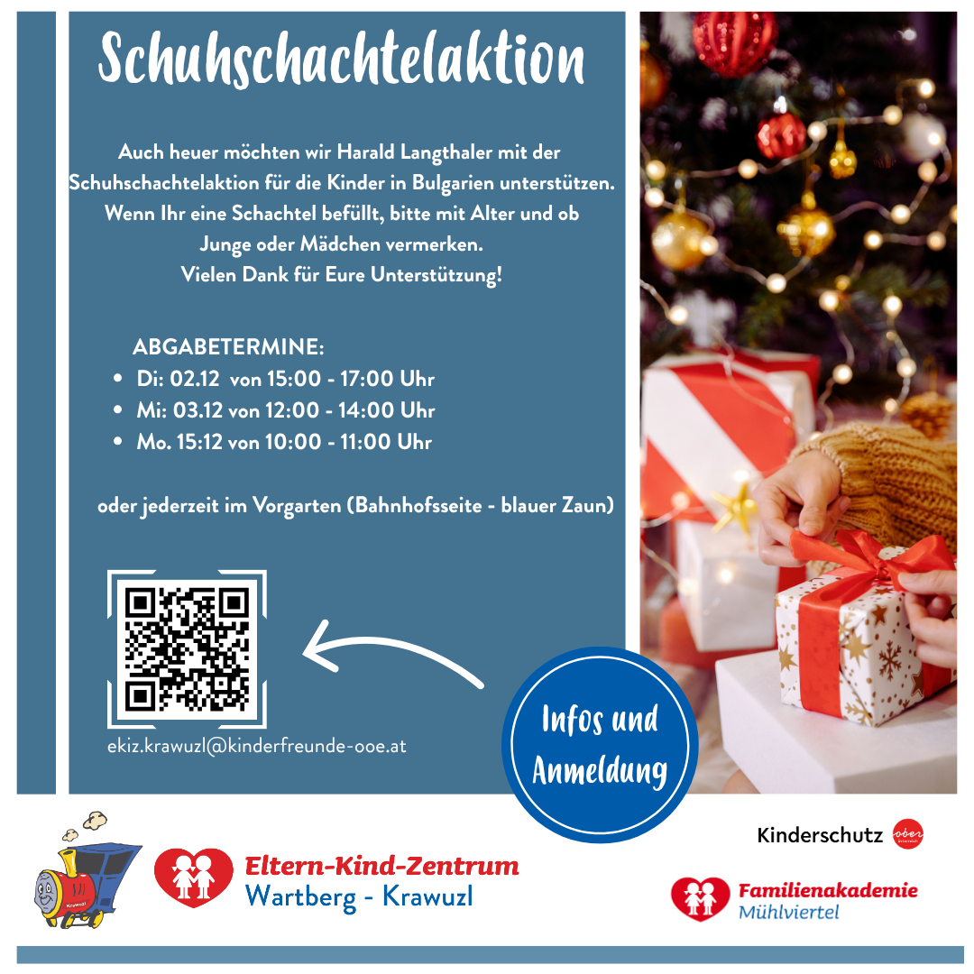 Ein Plakat für eine Schuhschachtelaktion für Kinder in Bulgarien. Es zeigt einen Weihnachtsbaum und Geschenke, einen QR-Code und Details zu den Veranstaltungszeiten und -orten.