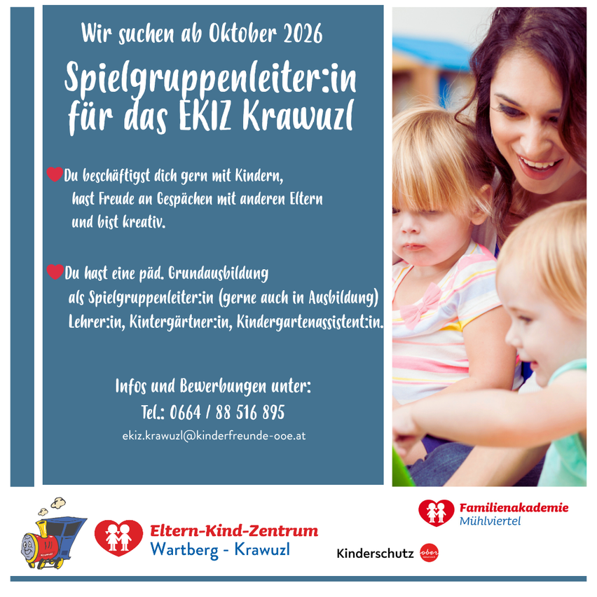 Poster for a playgroup leader position at EKIZ Krawuzl, inviting applications from October 2026. Features a woman and two children, highlighting the joy of working with kids and the desire for a pedagogical training. Contact info provided.