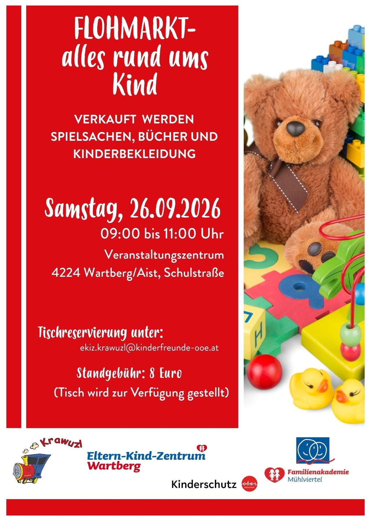 Poster advertising a sale of toys, books, and children's clothing on September 26, 2026. Event details and contact information are provided.