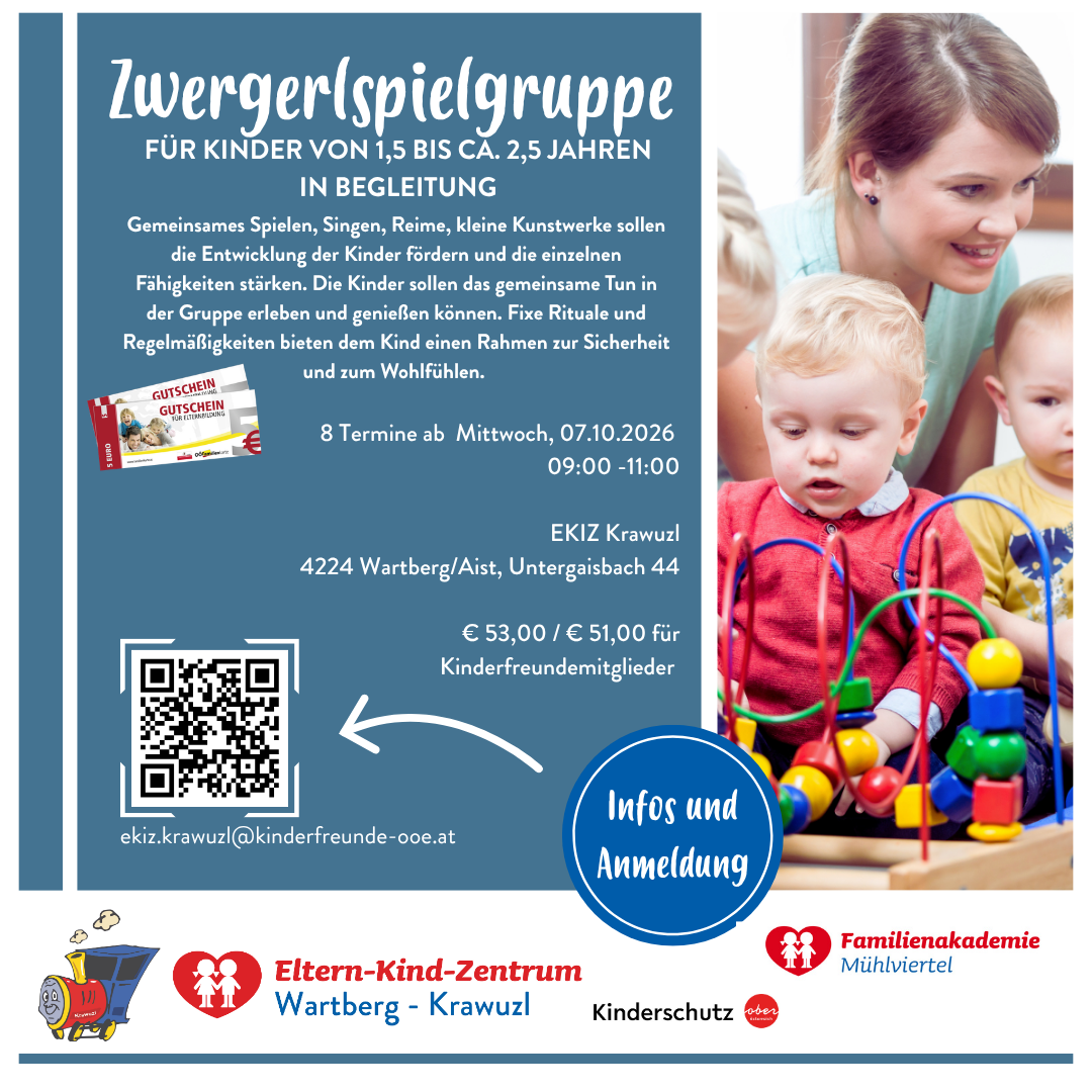 Poster for a children's playgroup for ages 1.5 to 2.5, featuring a smiling woman with two children. The poster includes details about the group's activities, schedule, and location. QR code for more information.