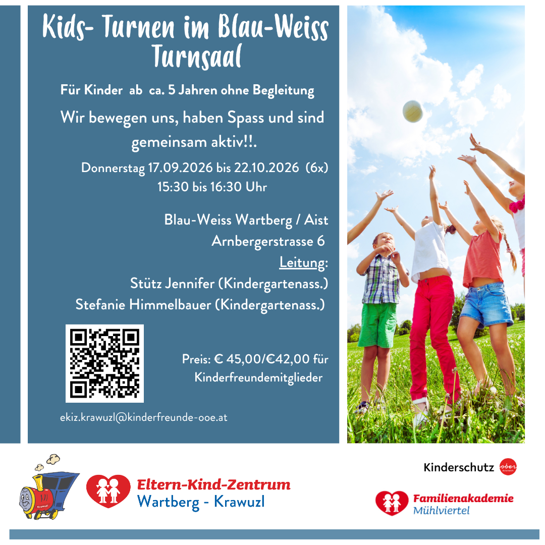 Poster for Kids-Turnen im Blau-Weiss Turnsaal, featuring children playing ball in a field. The event is for children around 5 years old, held on Thursdays from September 17 to October 22, 2026. The location is Blau-Weiss Wartberg/Aist Arnbergerstrasse 6. QR code and contact email are provided.