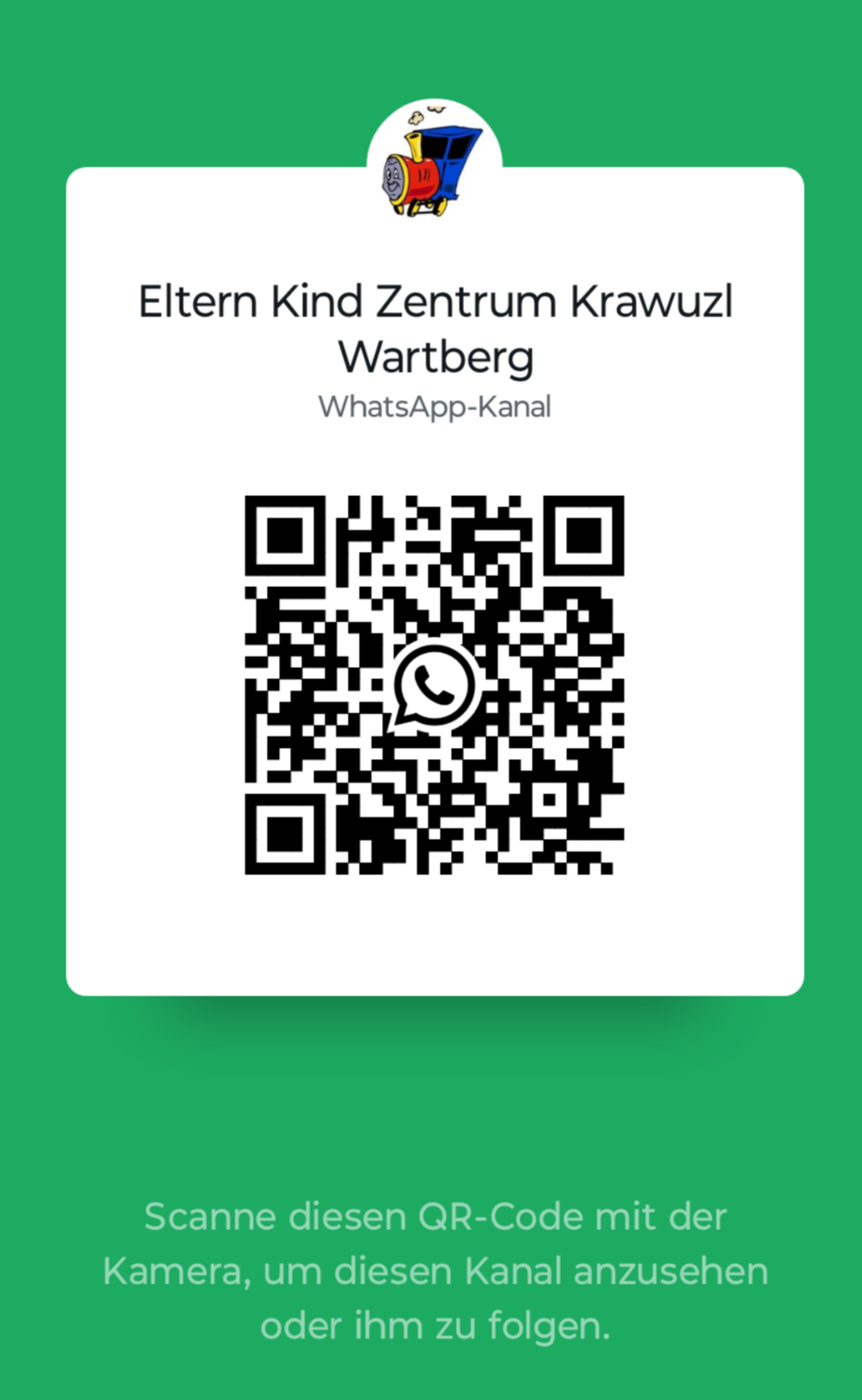 Ein grüner Banner mit dem Titel 'Eltern Kind Zentrum Krawuzl Wartberg' und einem WhatsApp-Kanal-QR-Code.