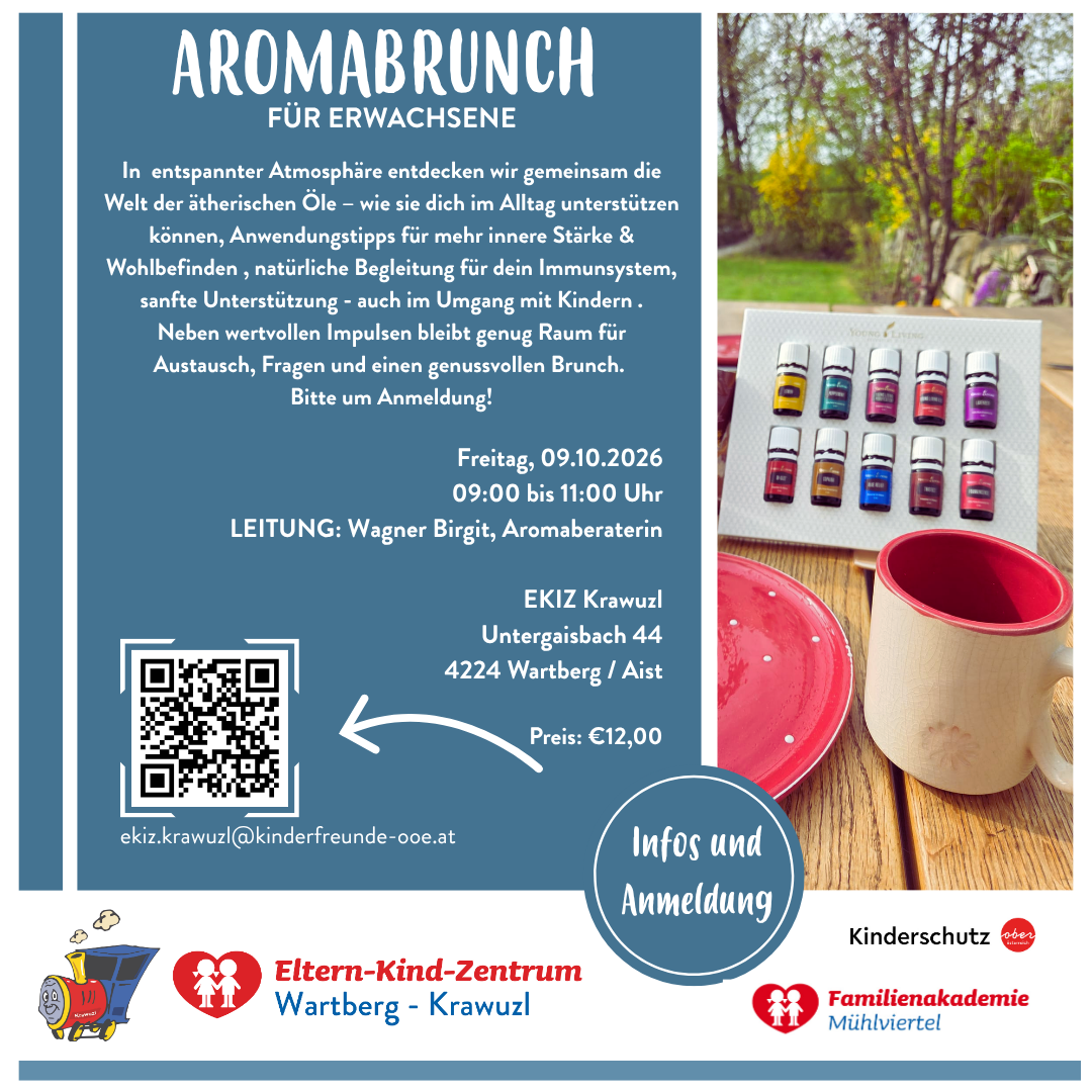 Poster for an adult aroma brunch on October 9, 2026. Led by Wagner Birgit, aromatherapist. Price is 12 euros. Registration via email.