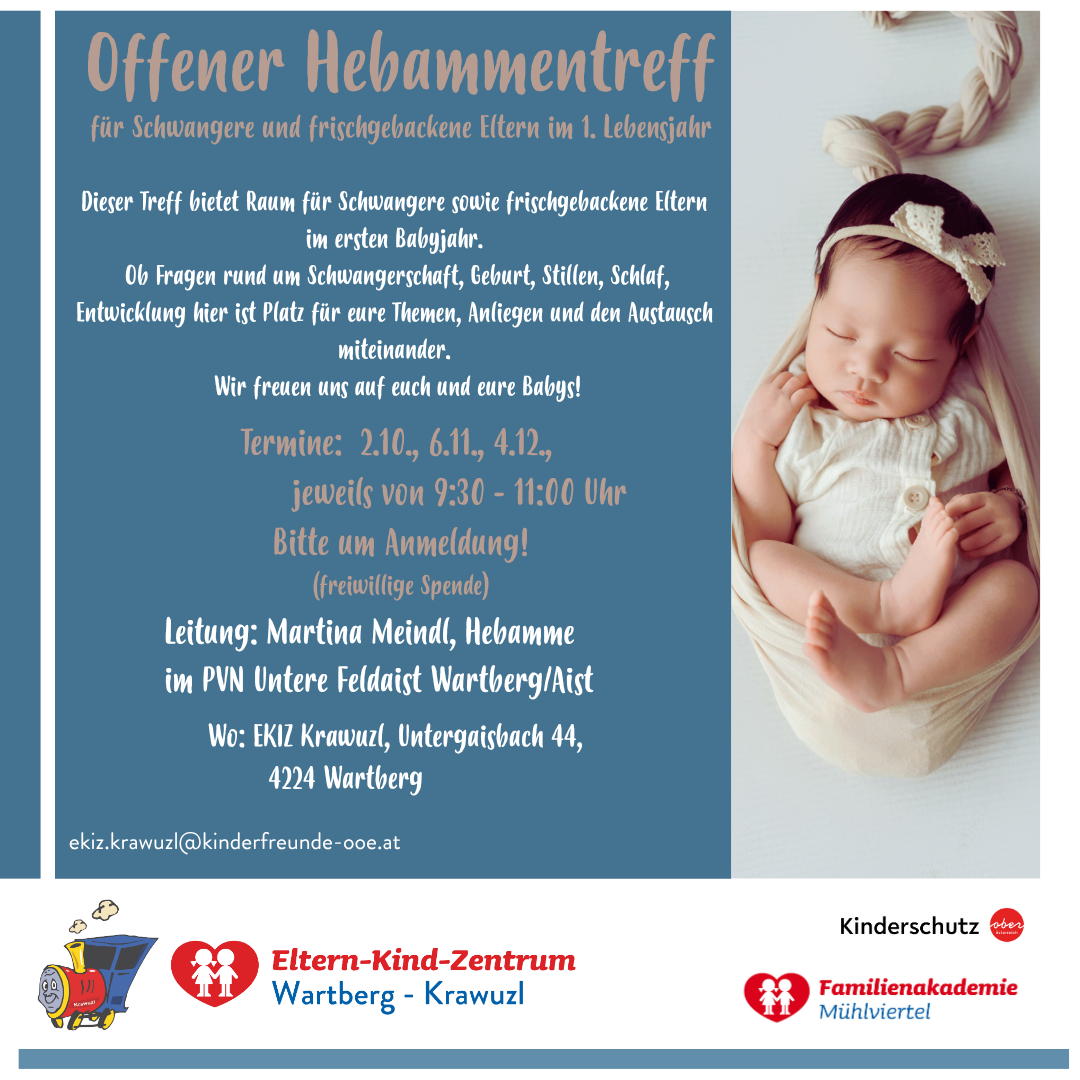 Plakat für ein offenes Treffen für schwangere Frauen und frischgebackene Mütter im ersten Lebensjahr. Das Plakat enthält Informationen über die Terminzeiten, den Ort und die Kontaktdaten.