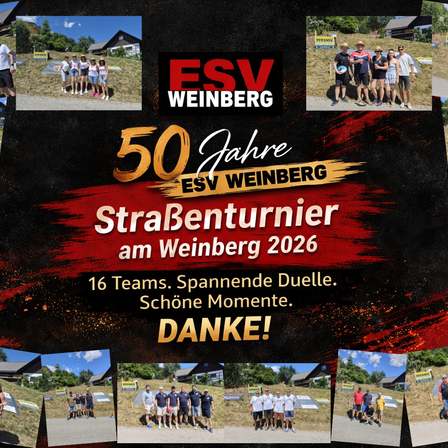 Plakat zur Feier der 50-jährigen Geschichte von ESV Weinberg mit mehreren Fotos von Teams und Teilnehmern, vor schwarzem Hintergrund mit roten und gelben Akzenten. Es hebt den Namen der Veranstaltung, das Datum und eine Dankesbotschaft hervor.