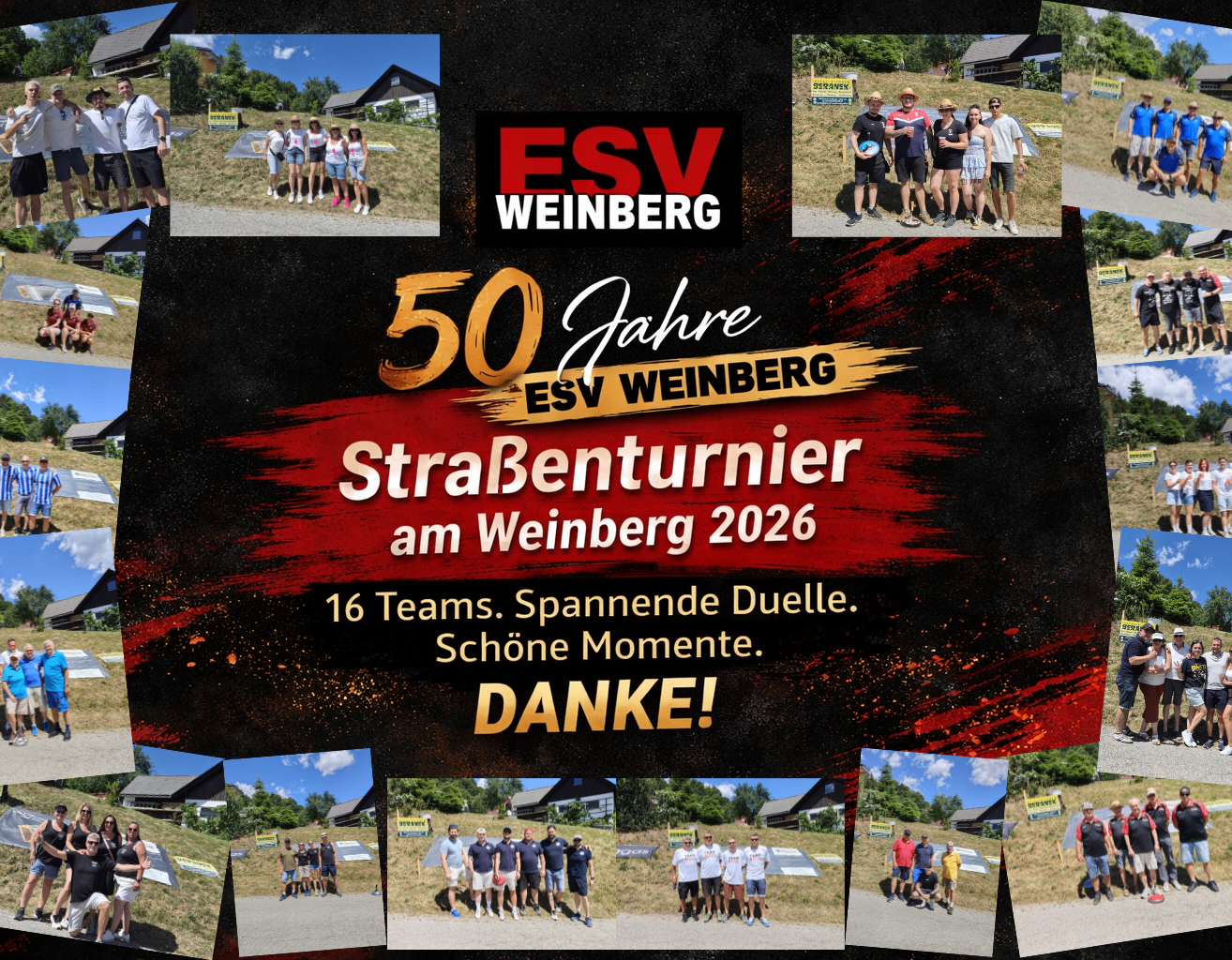 Plakat zur Feier der 50-jährigen Geschichte von ESV Weinberg mit mehreren Fotos von Teams und Teilnehmern, vor schwarzem Hintergrund mit roten und gelben Akzenten. Es hebt den Namen der Veranstaltung, das Datum und eine Dankesbotschaft hervor.
