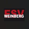 Schwarzer Hintergrund mit weißem quadratischen Rahmen enthaelt fettgedruckten roten und weißen Text, der ESV Weinberg lautet.