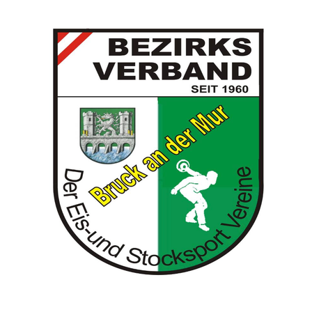 Das Logo des Bezirksverbandes Bruck an der Mur, gegründet 1960, zeigt einen Schild mit einer Brücke und einer Person, die einen Discus wirft.