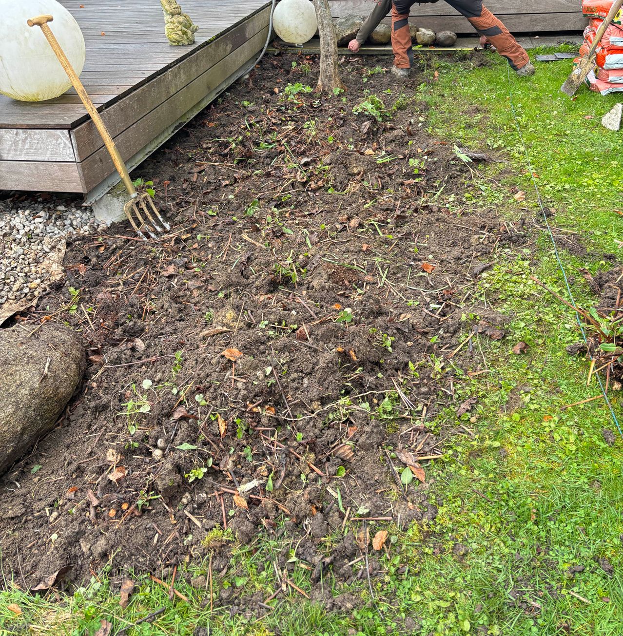 Eine Person reinigt einen Garten mit einem Rechen auf einer Holzterrasse. Ein weißer Kürbis und eine Statue sind auf der Terrasse.