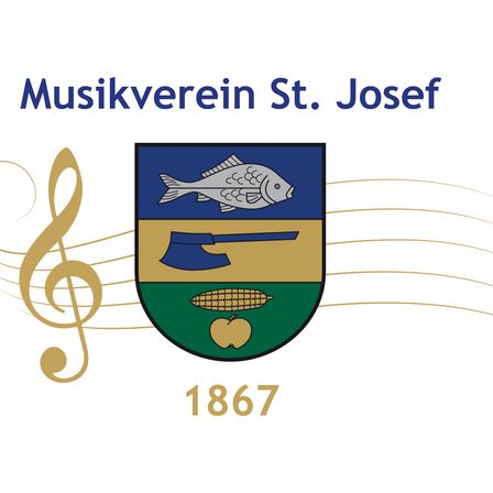 Logo des Musikverein St. Josef, gegründet 1867. Zeigt einen Violinschlüssel, einen Fisch, einen Maiskolben und einen Apfel.
