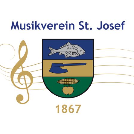 Das Emblem des 1867 gegründeten Musikverein St. Josef zeigt einen Violinschlüssel, einen Fisch, eine Axt, Mais und einen Apfel auf einem Schild.
