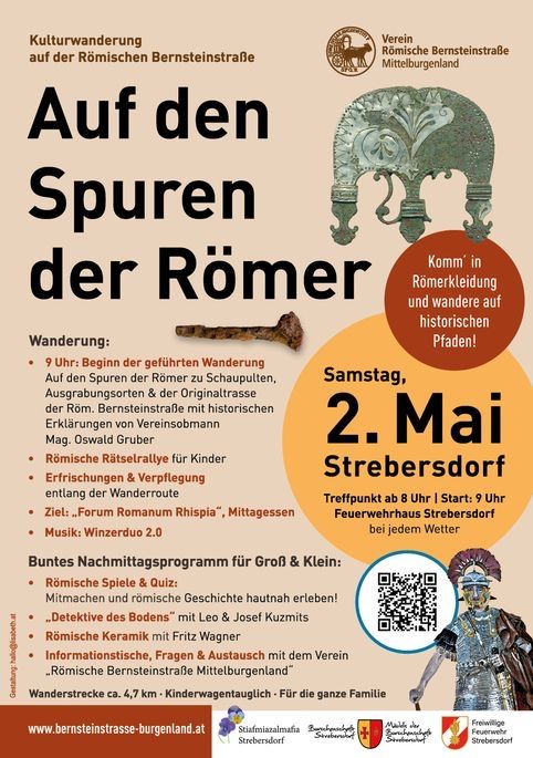 Poster for a cultural walk on the Roman Bernsteinstrasse. Scheduled for May 2, it includes guided tours, children's activities, and family-friendly events. Meeting point at 8 PM, start at 9 PM. Dress in Roman attire.