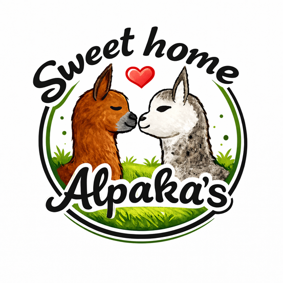 Das Alpaka's Sweet Home Logo zeigt zwei Alpakas, die sich auf einem Grasfeld gegenüberstehen, mit einem roten Herz darüber.