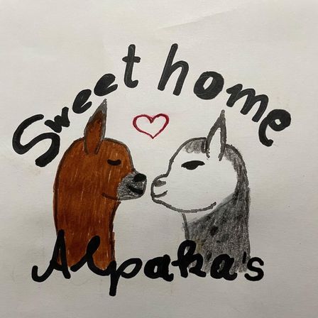 Eine Zeichnung von zwei Alpakas, die sich gegenüberstehen, mit einem roten Herz darüber, betitelt 'Sweet home Alpacaha's'.