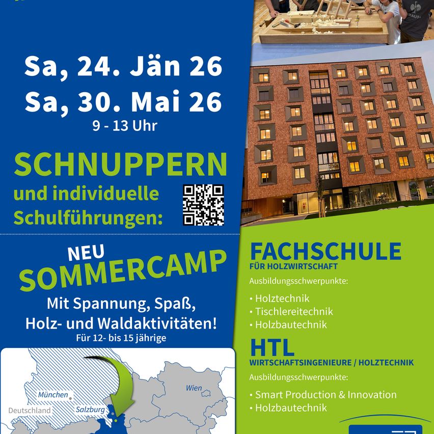 Werbeanzeige für ein Sommercamp mit Holzarbeiten. Termine sind 26. Jan und 30. Mai. Für 12-15 Jährige. Enthält eine Karte von Deutschland und Österreich. Vorgestellt werden zwei Schulen: eine konzentriert sich auf Forstwirtschaft und die andere auf Holztechnologie.
