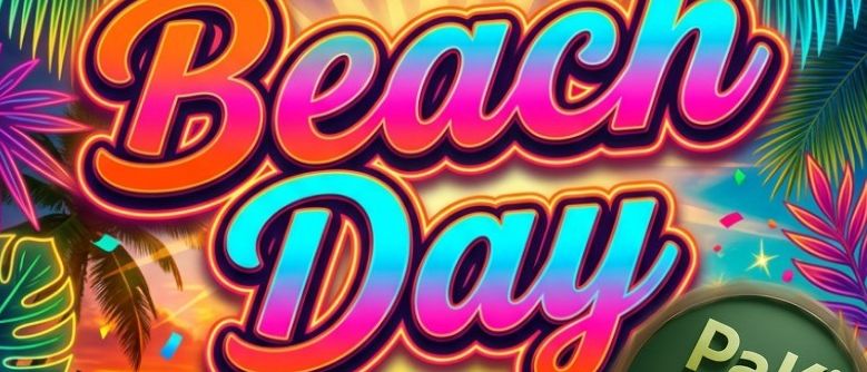 Beach Day-Poster mit Cocktails, Sonnenschirmen und Pool. Tropische Elemente und Sonnenuntergang. Verfügt über Paki Cafe Lounge mit Spielen.